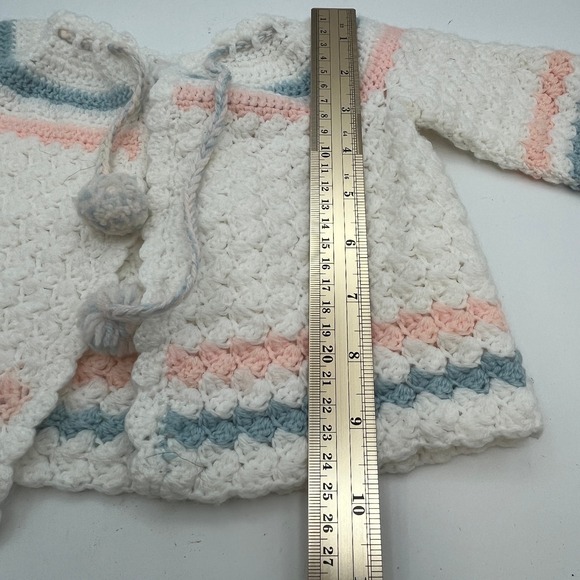 Handmade Crochet Baby Cardigan Sweater Jacket White Pink Blue Infant Knit READ - Picture 8 of 9